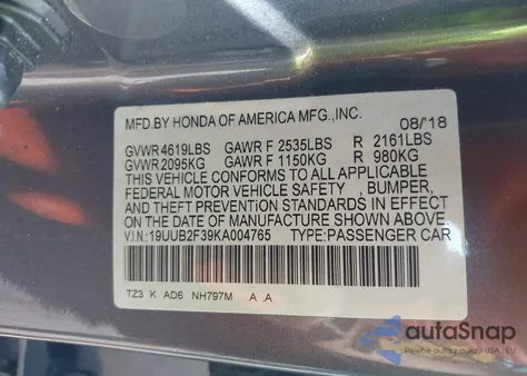 2019 Acura Tlx Standard z USA, uszkodzony, nr VIN 19UUB2F39KA004765